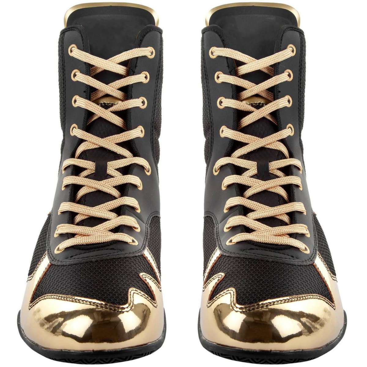Black and Gold High-Top Boxing Shoes with Mesh Panels and Metallic Toe